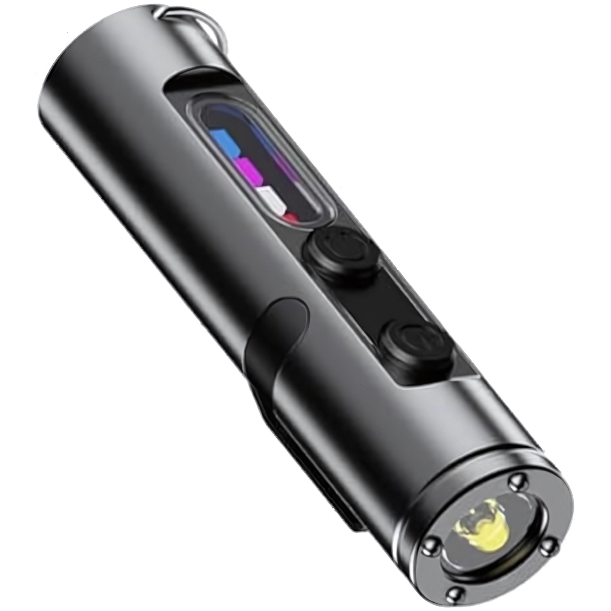 Taclite mini flashlight with digital display on a white background