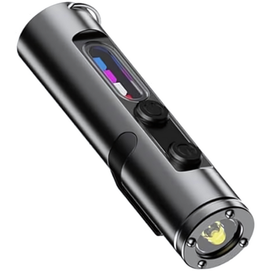 Taclite mini flashlight with digital display on a white background