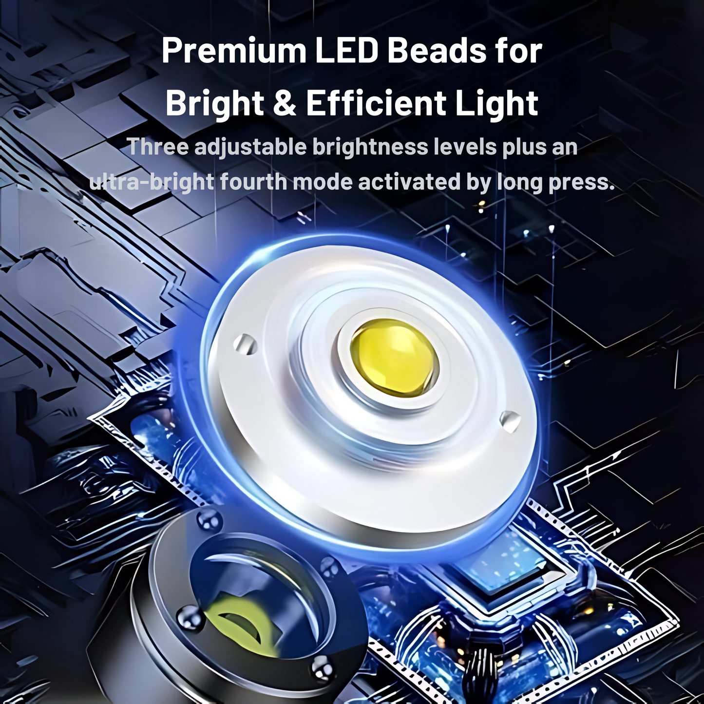 LED bead with circuit board background and text about brightness levels