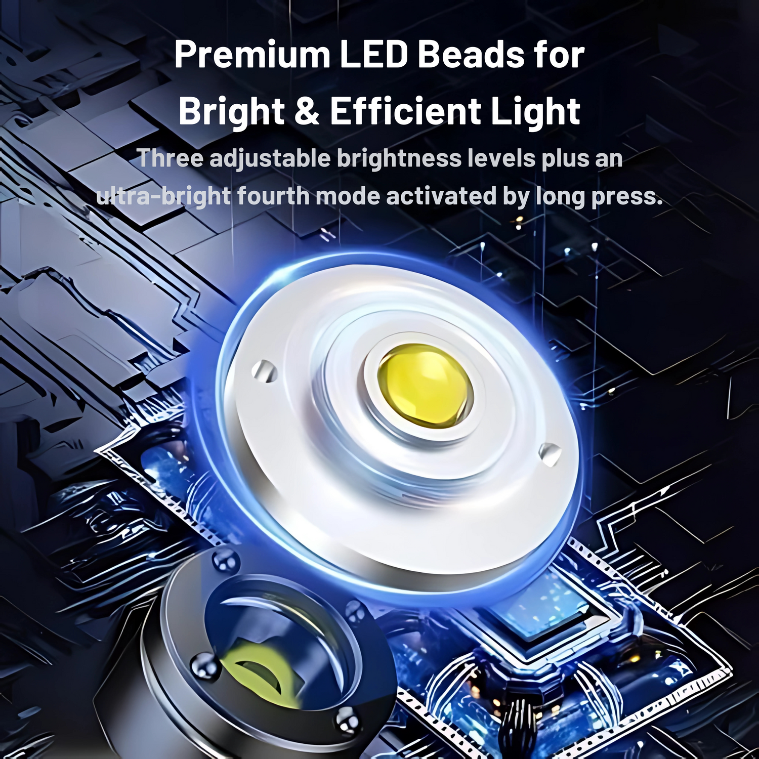 LED bead with circuit board background and text about brightness levels