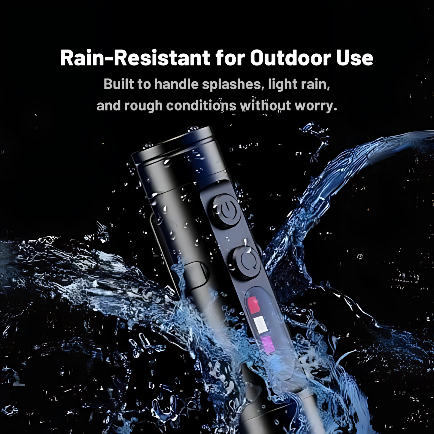 Rain-resistant device with water splashes on a black background