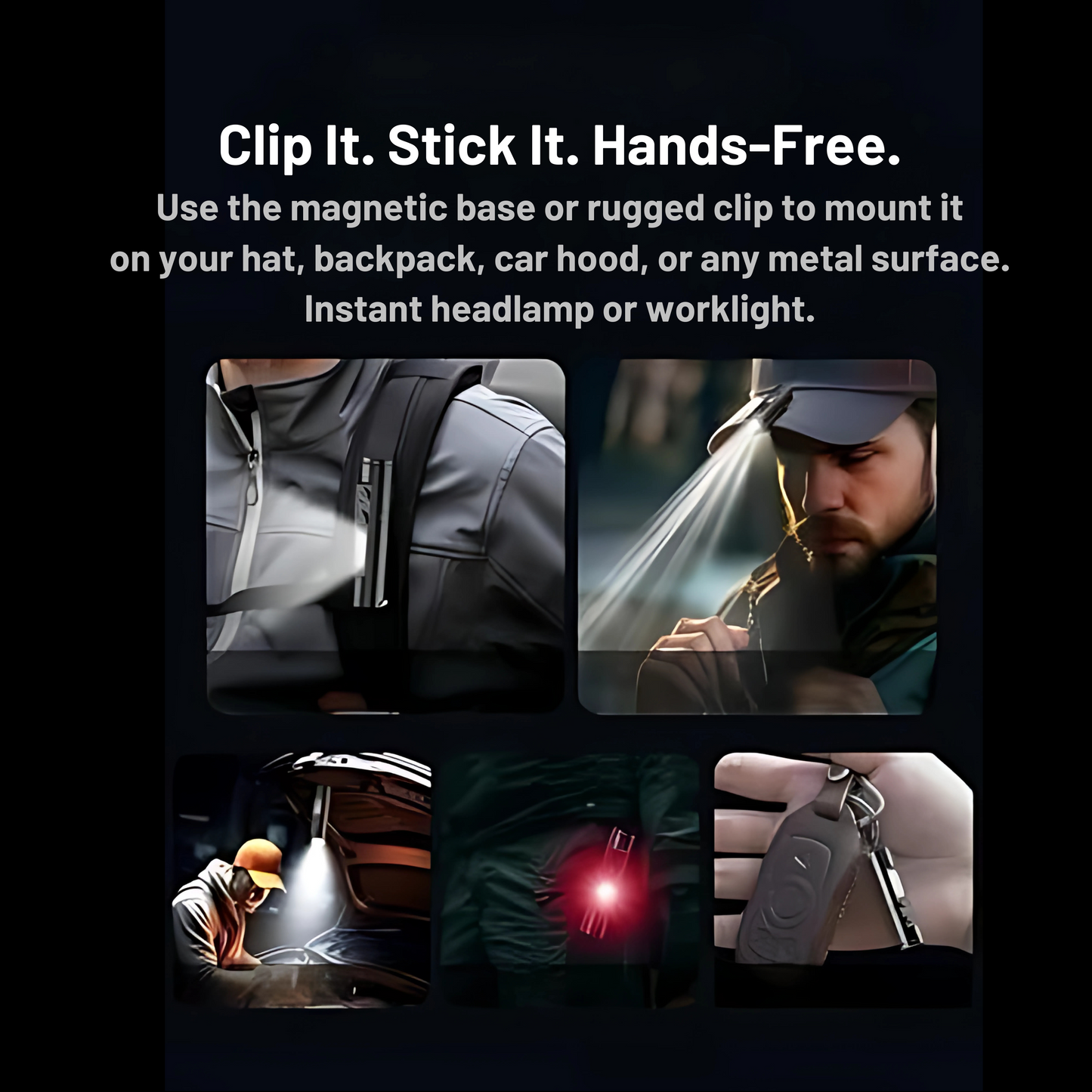Promotional image of a magnetic light attachment with text and usage scenarios.