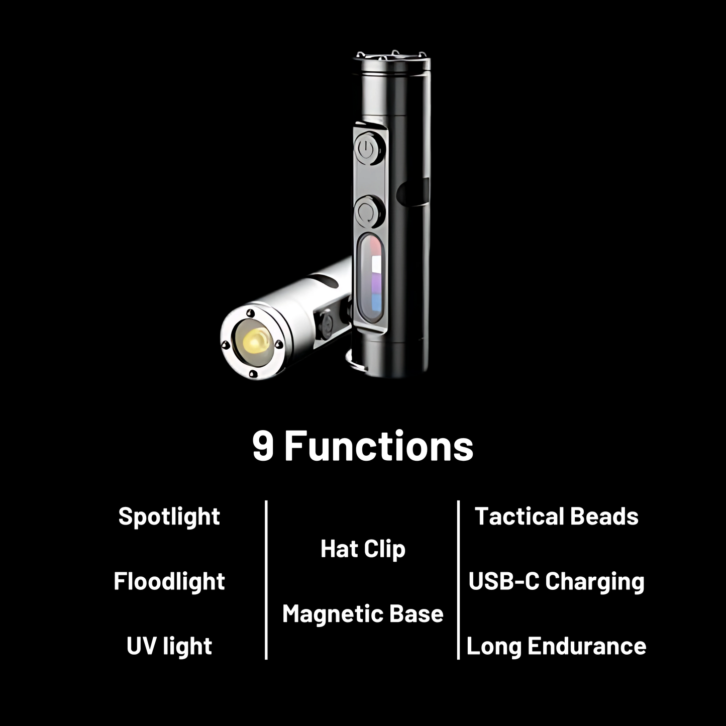 Two flashlights with labeled functions on a black background